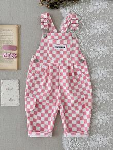 Baby Girls Pink & White Checkered Overalls, Adjustable Shoulder Straps, Cargo Pockets, Loose Casual Long Pants - Pink - View 3