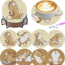 8pcs/Set Animal Cat Pattern Diamond Painting Coaster Set, Sparkling Rhinestone Heat-Resistant Beverage Mat With Holder, DIY Coaster For Beginners, Diamond Kit Craft Supplies, Artificial Diamond Art Craft Supplies Gift - Animal Patterns - View 1