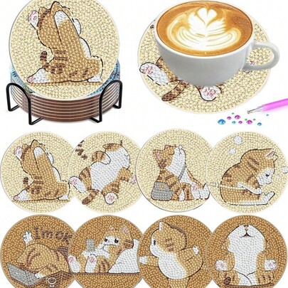 Juego de 8 piezas/Set de posavasos con patrón de gato animal para pintura de diamantes, posavasos resistente al calor con strass brillante y soporte, posavasos DIY para principiantes, kit de diamantes, suministros de manualidades, regalo de arte de diamantes artificiales