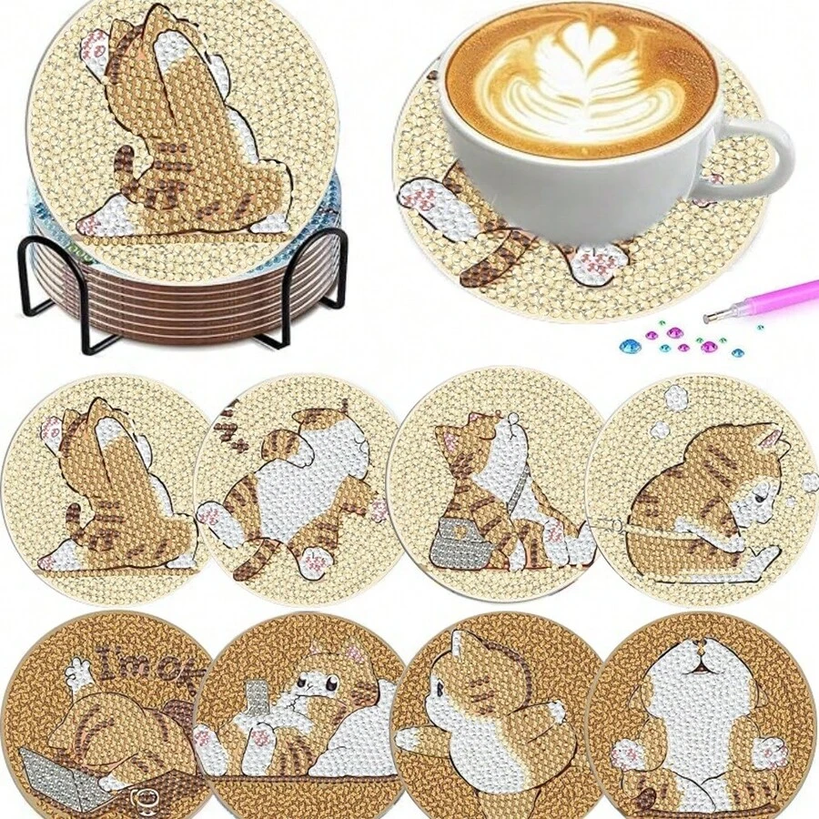 8pcs/Set Animal Cat Pattern Diamond Painting Coaster Set, Sparkling Rhinestone Heat-Resistant Beverage Mat With Holder, DIY Coaster For Beginners, Diamond Kit Craft Supplies, Artificial Diamond Art Craft Supplies Gift - Animal Patterns - View 1