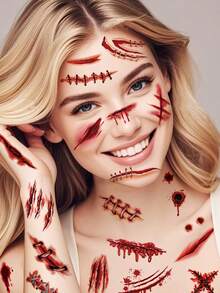 zillor 12 Peças Adesivos de Tatuagem Temporária 3D de Halloween para Adultos, Tatuagens Realistas de Ferida Sangrenta, Cicatriz e Crosta de Horror, Conjunto de Maquiagem Corporal e Facial de Halloween, Adereços de Pegadinha para Festa à Fantasia, Festa de Cosplay para Adultos, Suprimentos de Presente para Decoração de Festa de Halloween - Vermelho - Visão 10