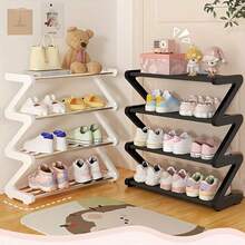 1pc 4-Tier Large Z-Shaped Shoe Rack, Easy Assembly Without Tools, Pink Plastic Stackable Storage Shelf, Suitable For Home, Dorm And Living Room, Space-Saving Floor Design, Shoe Storage Organizer - View 3