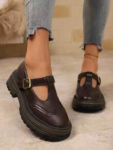 Women's Academy Style Mary Jane Shoes, Vintage T-Strap Buckle Upper, Round Toe Thick Sole Loafers, Suitable For Daily Commute And Campus - Brown - View 6