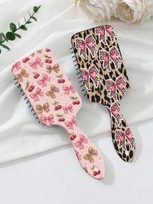 1pc Pink Leopard Print Bow Massage Scalp Comb, High Crown Hair Styling Brush, Detangling Hair Comb - Multicolor - View 5