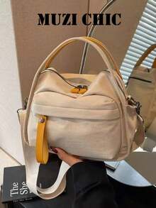 Cream White Contrast Mini Square Hand Bag, Double Top Handles Dual Zipper Tabs Front Snap Pocket Detachable Daily Shopping - Beige - View 4