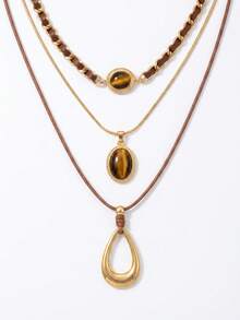 3pcs Vintage Tiger Eye Stone Chunky Curb Chain & Snake Chain With Brown Rope Hollow Teardrop Pendant Layered Necklace Set, Women's Daily Accessory - Multicolor - View 3