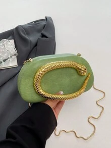 女款復古晚宴斜挎手拿包，橢圓硬殼包，3D金色蛇紋裝飾圖案，奢華哥德風手提包，適合晚餐約會與雞尾酒會 - 綠色 - 查看 5
