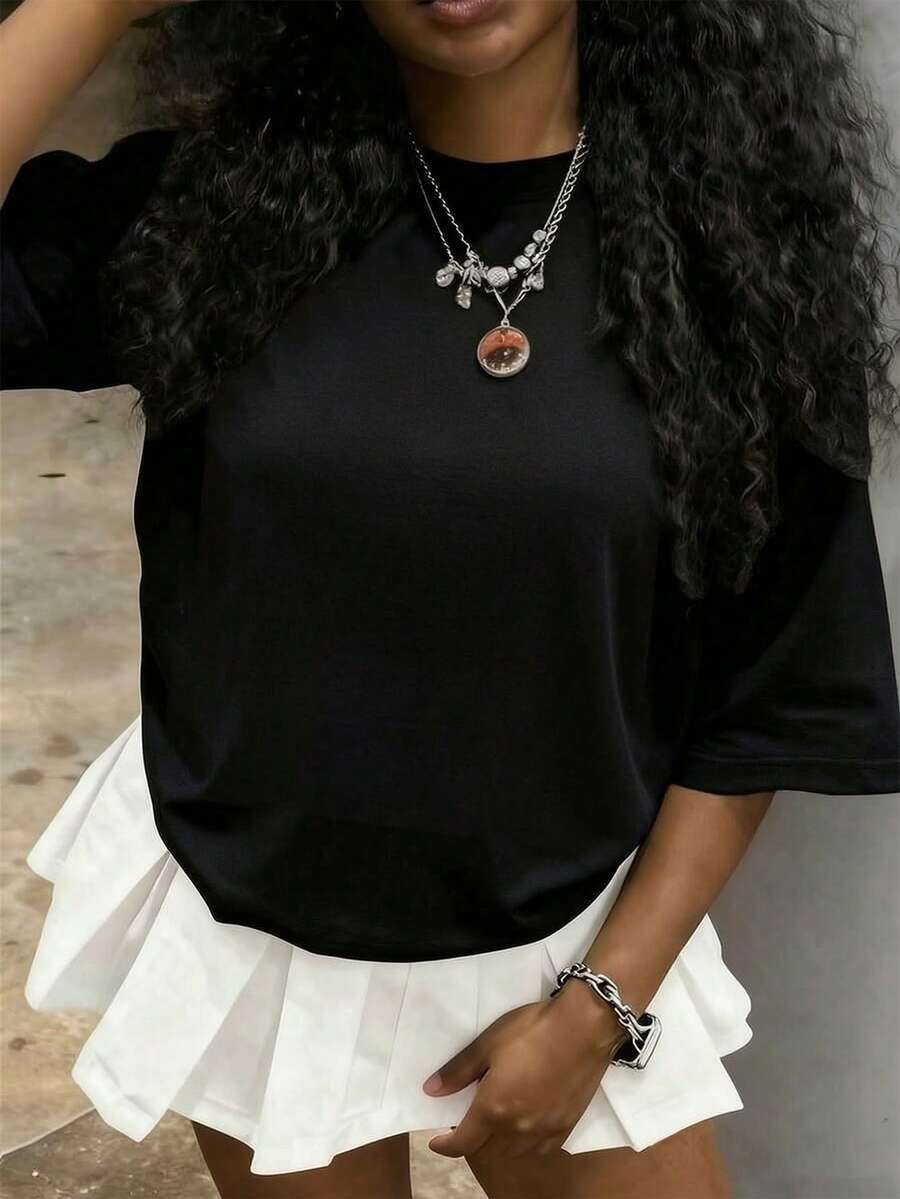 Women's Round Neck Short Sleeve T-Shirt, Summer New Solid Color Casual Versatile Loose Top, Fashionable Daily Wear - Black - View 1