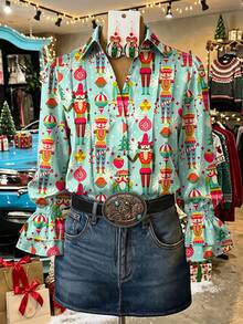Women's Festive Nutcracker Print Blouse - Holiday Light Blue Long Sleeve Top With Ruffled Cuffs - Chic Christmas Party Button-Up Shirt - Seasonal Gift - 薄荷藍 - 查看 6