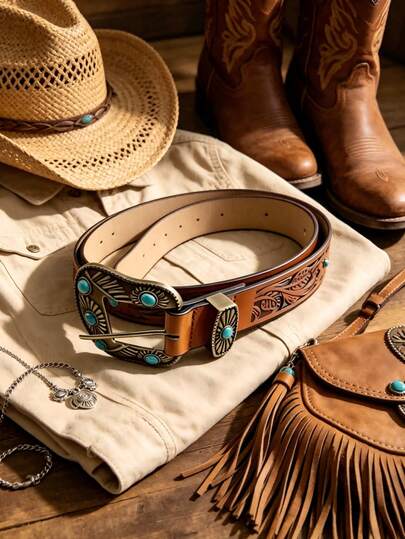 APLCSEY Women's Western Style Faux Leather Belt, Vintage Floral Embossed Strap, Turquoise Concho Metal Buckle, Bohemian Southwestern Decorative Belt