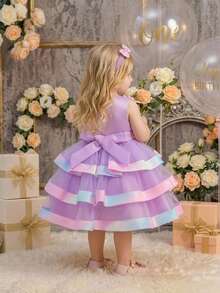 Baby Girls Round Neck 3D Flower Colorful Rose Purple Tulle Cute Birthday Party Princess Dress, Free Headband - Purple - View 5