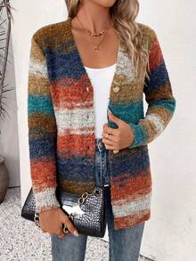Women's Vintage Gradient Color Cardigan, Comfortable Long Sleeve Button Knit Jacket, Casual Loose Fit, Suitable For Autumn/Winter Wear And Vacation - Gradient Colors - View 2