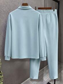 Plus Size Men's Polo Set, Autumn Long Sleeve Long Pants Casual Solid Color Plus Size Set For Men, Suitable For Daily Wear Plus Size Men's Clothing - Baby Blue - View 3