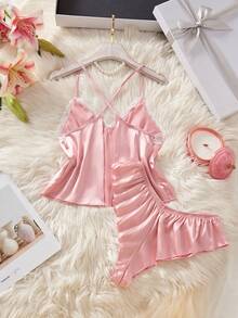 Ning xue yan ying Conjunto de 2 piezas de ropa de dormir para mujer de satén sin espalda con diseño cruzado, encaje floral con empalme, escote en V, ribete de lechuga, ropa de estar en casa, ropa de otoño, lencería sexy, pijamas - Rosa - Ver 7