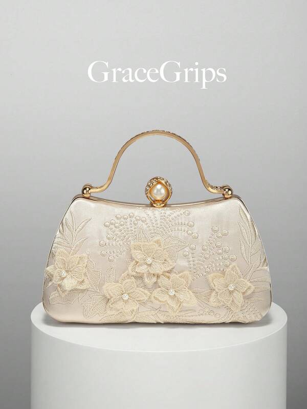 Elegant Embroidered Pattern Design Handbag For Women, Romantic Wedding Clutch, Charming/Exquisite Evening Bag, Gold Box Clutch, Crossbody Bag, Suitable For Ball, Party, Wedding, Bride, Bridesmaid, Birthday Dress, Handheld Evening Bag, Random Pattern