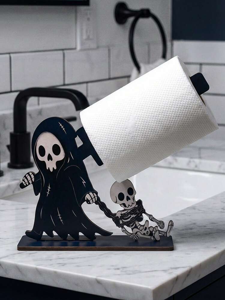 1 buah Tempat Tisu Kayu Tengkorak Hantu Gotik Dekorasi Halloween Dekorasi Rumah Pedesaan untuk Kamar Mandi Ruang Tamu Pesta - Hitam - View 3