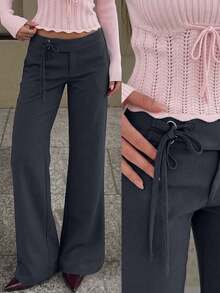 Women's Slimming Low Waist Flared Suit Pants With Drawstring Decor, Low Waist Cut And Draped Flared Leg, Suitable For Commuting, Office Wear Or Spring/Autumn Mature Style - Dark Grey - View 1