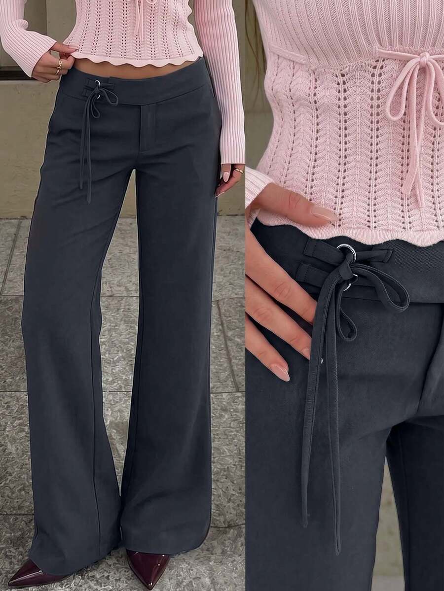 Women's Slimming Low Waist Flared Suit Pants With Drawstring Decor, Low Waist Cut And Draped Flared Leg, Suitable For Commuting, Office Wear Or Spring/Autumn Mature Style - Dark Grey - View 1