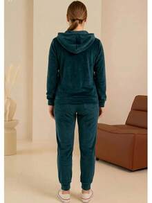 Women's Velour Tracksuit Set – Zip Hoodie With Pockets And Jogger Pants, Soft, Comfortable, Made In Poland - Teal Blue - View 2