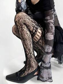 女款蝴蝶結繫帶魚網大腿襪，性感透膚 - 黑色 - 查看 5