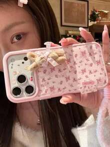Rhinestone Stand Minimalist Floral 3D Plush Rabbit Phone Case Compatible With IPhone 17 Pro Max, 16 New, 15 With Lanyard, 17 Pro, 14 Spring Easter - Pink - View 2