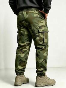Men's Plus Size Camouflage Cargo Pants, Autumn/Winter, Tapered Leg Long Pants, Fashionable Workwear For Tall Men - Green - View 4