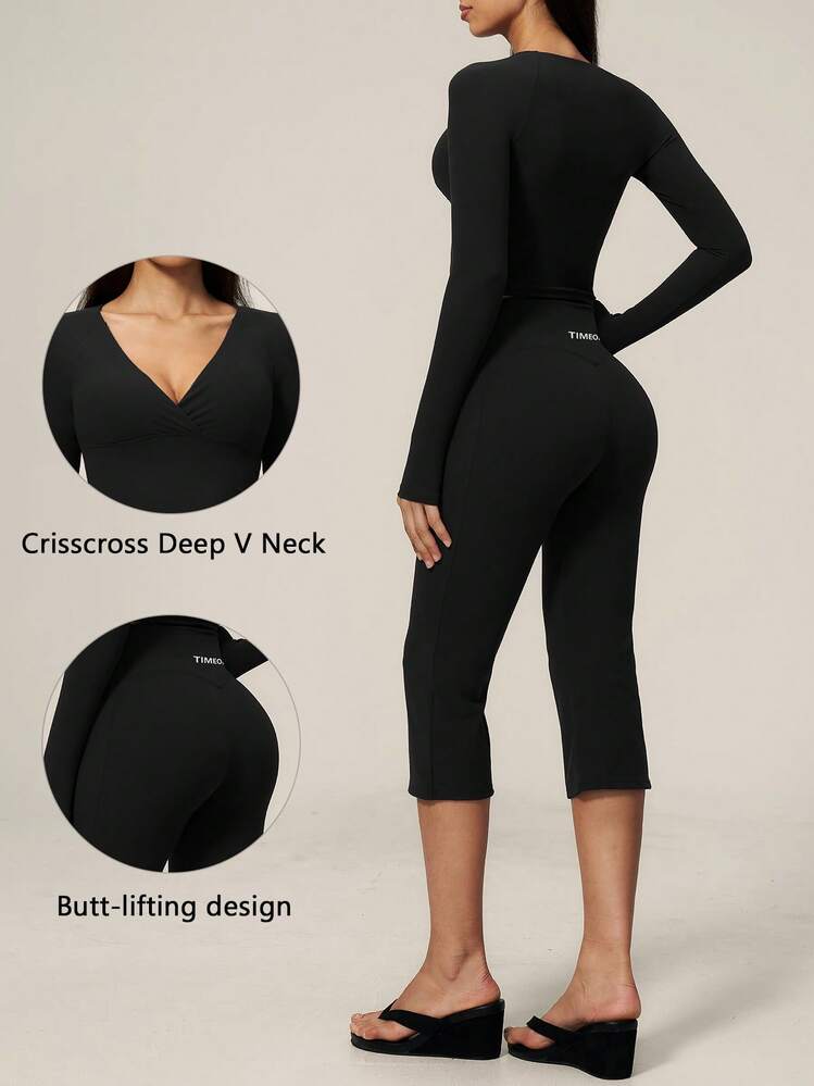 TimeOff Women's One Set Solid Color Criss-Cross V-Neck Short Long Sleeve Flared Mid-Length Pants Comfortable Running Sports Set - Black - View 11
