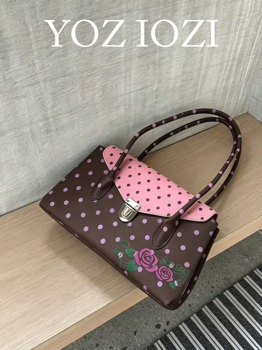 日韓小眾設計 INS 風棕色與粉色波點玫瑰印花果凍包,軟妹風鎖扣腋下包,通勤、出遊、日常購物,百搭托特手提肩背包 - 棕色 - 查看 1