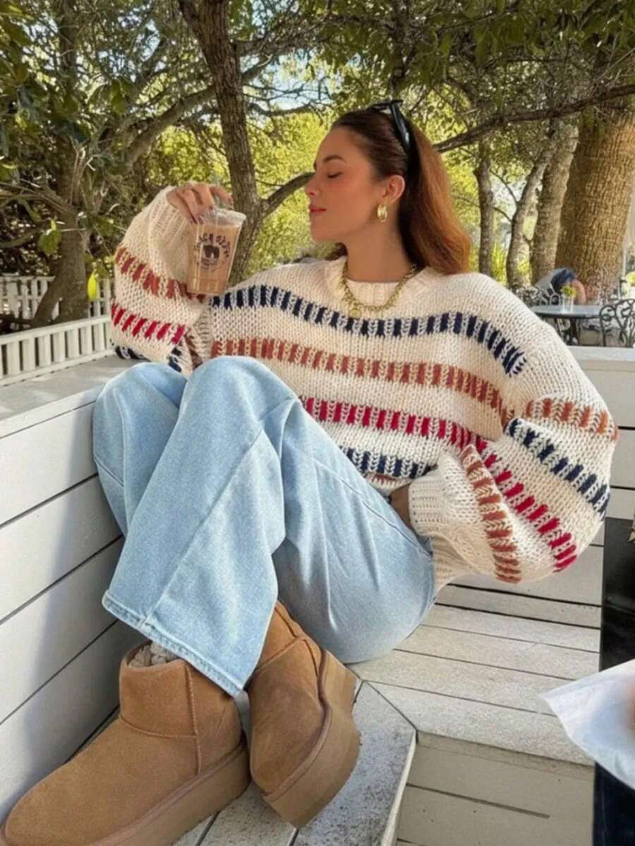 Women's Multicolor Striped Crew Neck Sweater, Long Sleeve Loose Fit Rib-Knit Pullover, Casual Fall Winter Knitwear For Everyday Comfort And Style - Beige - View 1