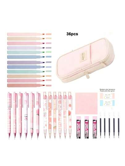 5/36pcs Aesthetic Stationery Set, Includes Cute Pencil Case, College Supplies, 12 Macaron Color Highlighters, 6 Black Neutral Pens, 6 Mechanical Pencils, College Life Helper, Suitable For Girls' Aesthetic Study Supplies, Back To School Season
