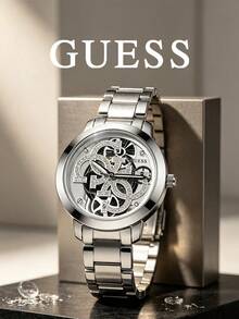 GUESS Hollow Skeleton Quartz Watch For Women, Rhinestone Four G Logo Dial Stainless Steel Bracelet Wristwatch, Luxury Silver Waterproof Fashion Dress - Silver - View 3