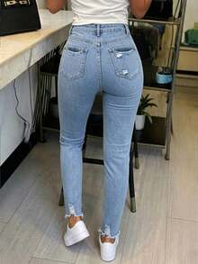 Elegant Ripped Tapered Denim Jeans For Women Light Wash, Raw Hem, And Pockets, Ideal For Fall Outfits - Light Wash - View 2