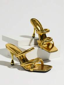 Jin Bei Qi Sandali mule da donna con punta quadrata, cinturini piatti intrecciati e tacco alto, tacchi alti dorati lucidi, adatti per occasioni estive glamour e feste, sandali con tacco alto e punta aperta - Dorato - Visualizzare 5