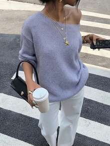 Sweater Pullover Rajut Bahu Terbuka Wanita, Atasan Rajut Bergaris Asimetris Lengan Panjang, Elastisitas Sedang, Panjang Reguler, Cocok untuk Musim Semi dan Gugur - Mauve Purple - View 11