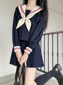 1件裝可愛校園JK制服套裝，附領結，白色與海軍藍長袖上衣搭配海軍藍百褶裙，秋季款 - 藍白色 - 查看 2