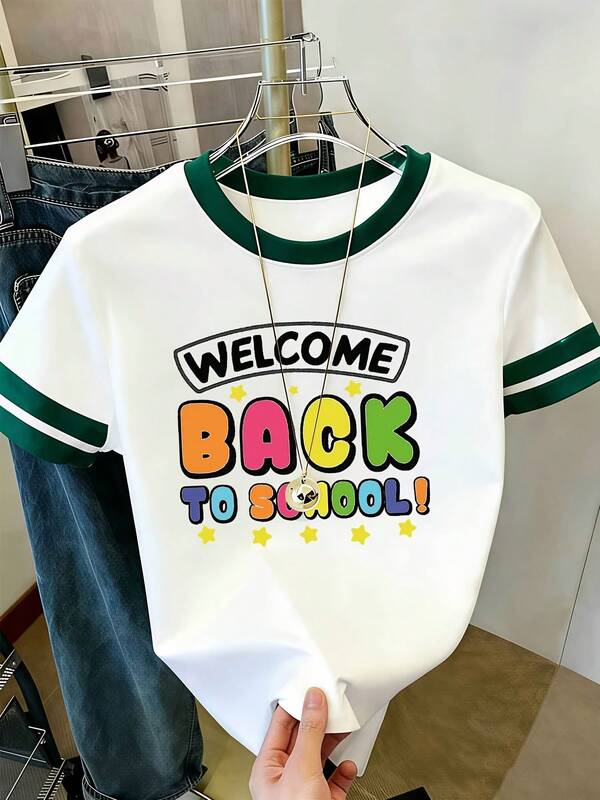 Back To School, T-Shirt, Unisex, Welcome Back To School Graphic, Colorful Lettering And Stars, Ringer Neck With Striped Sleeves, Casual Daily Wear