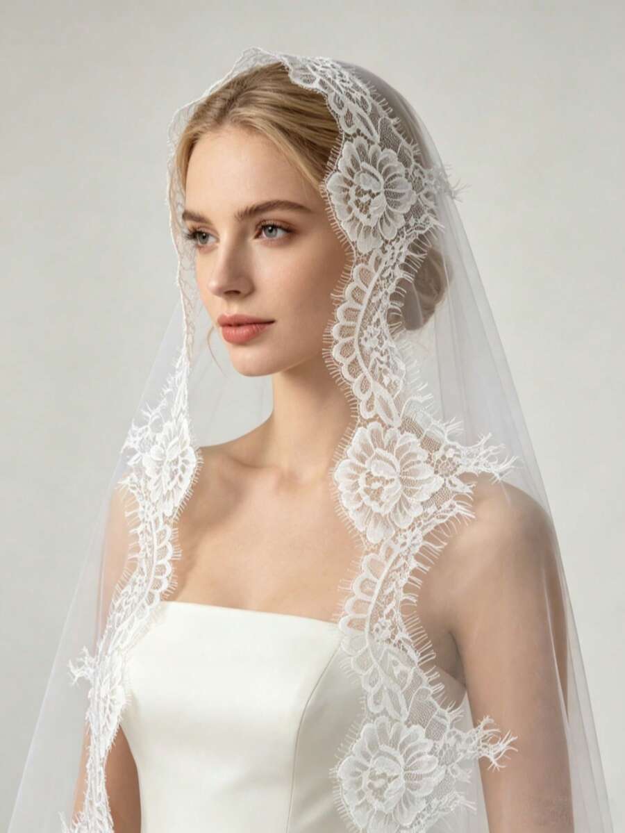 2026 Novo Véu de Noiva de Renda Francesa de 3 Metros, Véu de Noiva de Renda Branca de 3 Metros, Véu de Noiva com Cauda Extra Longa, Véu Mantilha de Casamento Branco, Estilo Espanhol - Multicolorido - Visão 1