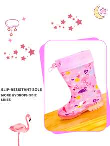 Botas de lluvia con brillo a prueba de agua con diseño de flamenco para niñas, zapatos de lluvia antideslizantes para exteriores, cómodos con cordones de ajuste, aptos para todas las estaciones - Rosa - Ver 11