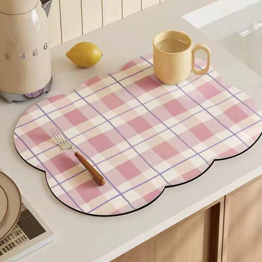 [New Thickened]Kitchen Dish Drying Mat, Table Mat, Absorbent Pad, Countertop Dish Mat, No-Wash Table Mat, Bowl And Plate Drying Mat, Thickness 3.6mm - Pink Checkered - View 1