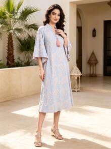 Vestido árabe para mujer con bordado pesado 2026 verano otoño azul claro elegante vestido del Día Nacional de Arabia Saudita, JALABIYA manga corta, atuendo casual para fiesta - Celeste - Ver 7