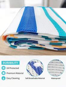 Tikar Plastik Tahan Air Luar Ruangan Ukuran 5ft x 8ft, Cocok untuk Eksterior Camper, RV, Teras, Karpet Patio, Dekorasi Balkon, Garis-garis Biru dan Kuning - Garis biru dan oranye - View 3