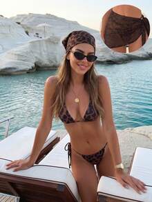 Setelan Bikini 3 Potong Wanita Seksi Motif Leopard Leher Halter Musim Semi/Panas 2026 dengan Celemek, Cocok untuk Pantai Musim Panas dan Liburan Santai - MultiWarna - View 2