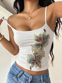 Solid Color Floral Pattern Spaghetti Strap Tank Top Women's Minimalist Sleeveless Slim Fit Cropped Vest Y2K Sweet & Spicy Sexy Summer Party Casual Outing Top - Off-white - View 1