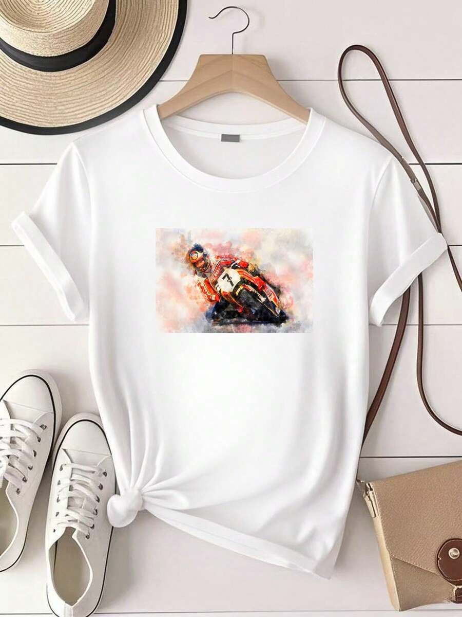 Camiseta de mujer con estampado: Camiseta gráfica de carreras de motocicletas Barry Sheene para mujer, estampado vintage en acuarela, cuello redondo, manga corta, suave, transpirable, casual - Blanco - Ver 1
