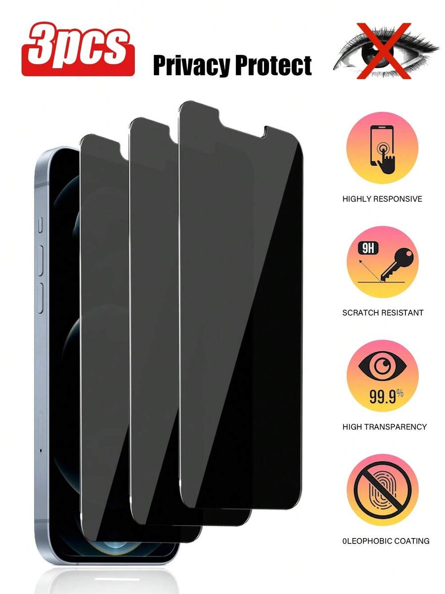 BOLLYMORE 3pcs Anti-Spy Tempered Glass Screen Protector Compatible With Apple Devices, Anti-Peeping, Anti-Scratch, Anti-Collision, Compatible With IPhone X/XR/11/12/13/14/15/16/16 Plus/16 Pro/16 Pro Max/16e/17/17 Air/17 Pro/17 Pro Max Full Series