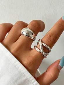 12/2件裝龐克風不對稱珍珠百褶幾何銀合金戒指，適合女性，四季通用，日常通勤、度假、派對、疊戴，送禮首選 - 銀色 - 查看 4