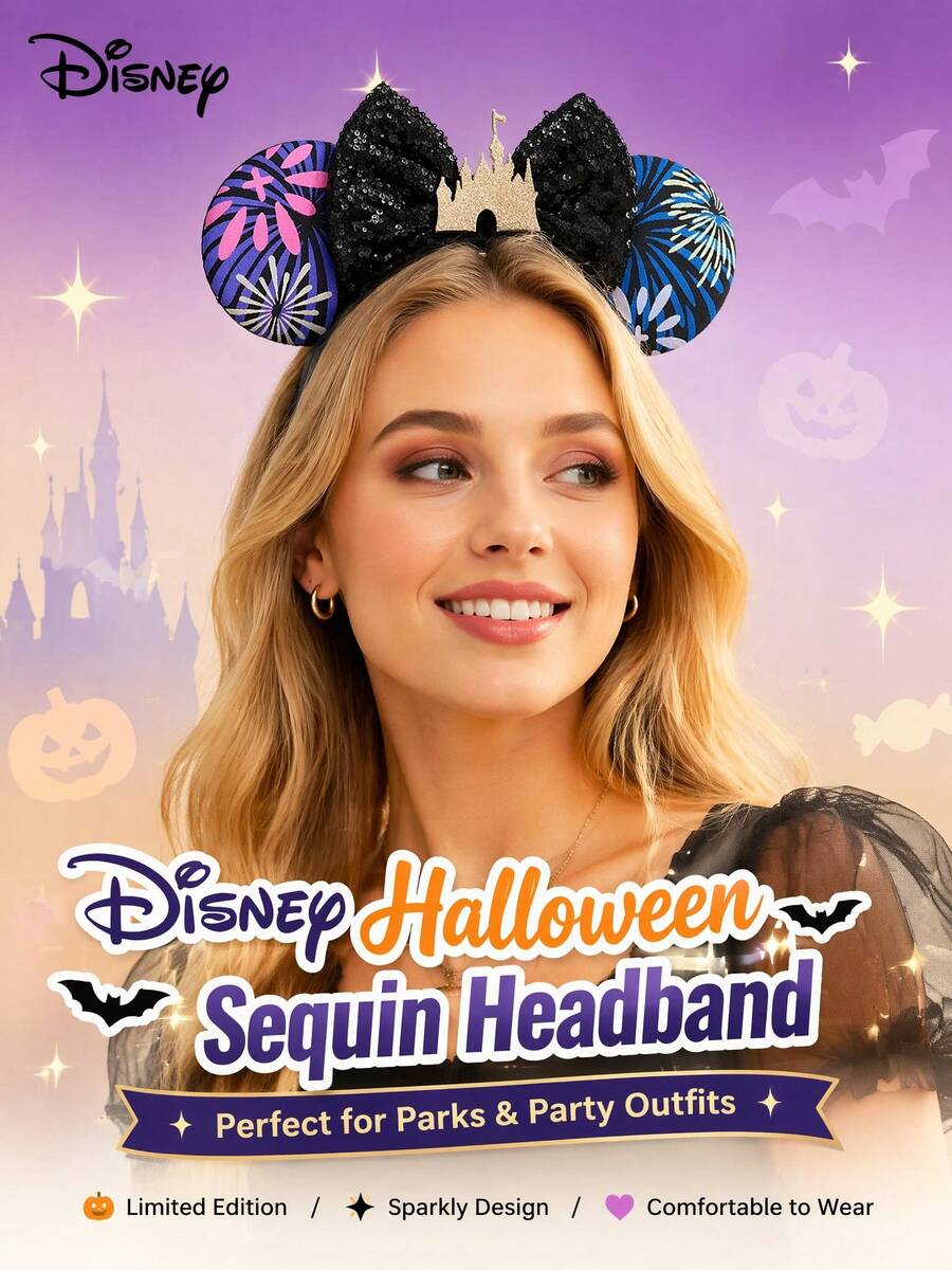 Classic Disney Halloween Shiny Ear Headband, Popular Black & Purple Sequin Bow Hair Accessory, Suitable For Theme Park Cosplay And Party Outfits - A - View 1