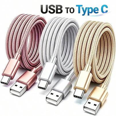 3 Peças Cabos de Carregamento Rápido USB-A para Tipo-C (1m/2m/3m Trançados em Nylon), Cabo de Dados USB-C para Telefones Android, Compatível com Samsung e Outros Telefones Android e Dispositivos Tipo-C, Adequado para Ambientes Internos/Externos/Viagem/Carro, Rosa, Acessórios para Carro, Compatível com iPhone 17/16/15