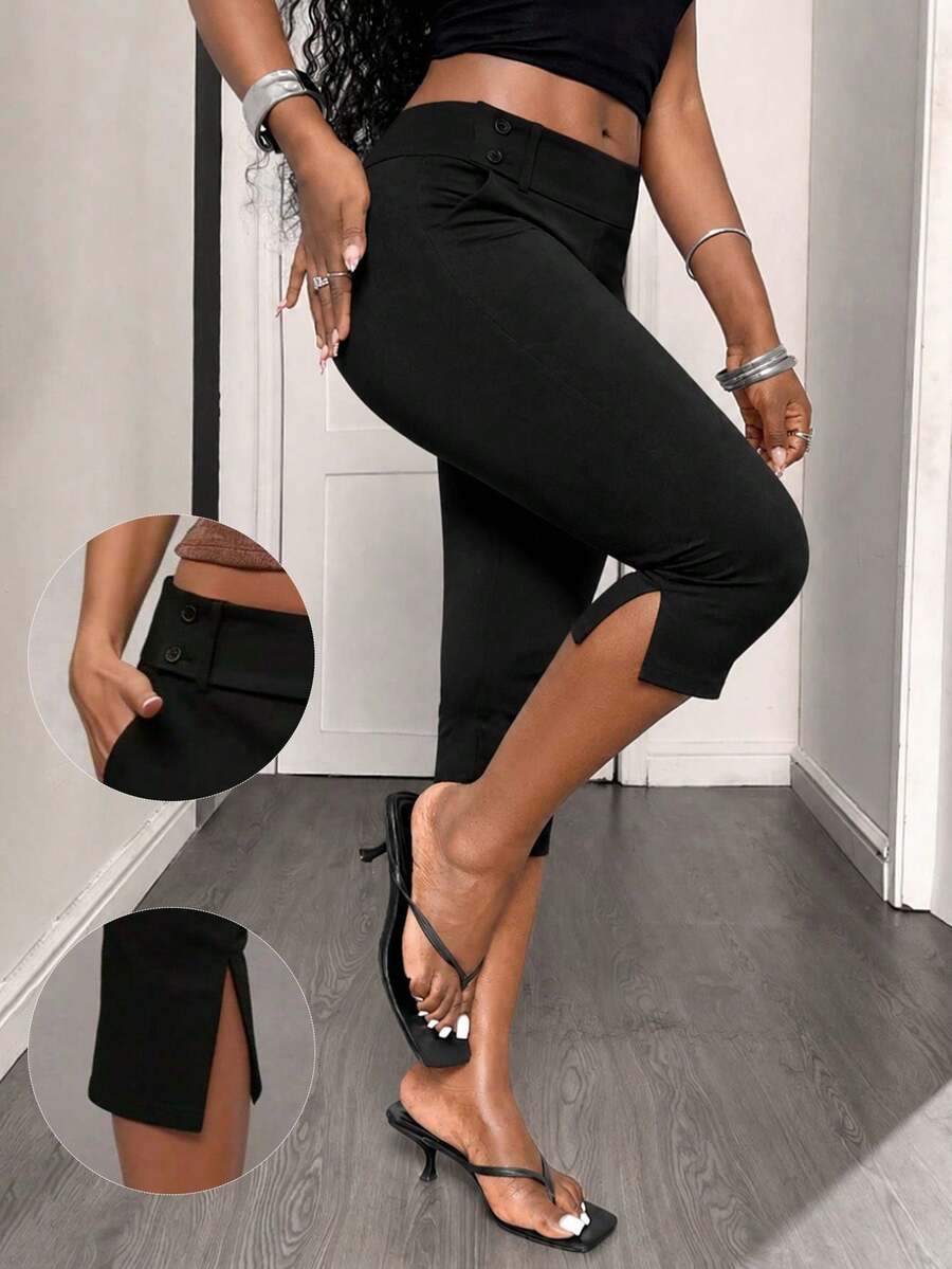 Women's Minimalist Casual Solid Color Slit Low Waist Slim Fit Daily Commute Versatile Bermuda Shorts Summer - Charcoal Black - View 1