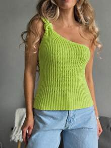 Women's Cropped Top, Modal Knit, One Shoulder, Halter Neck, Side Knot Detail, Summer Premium Style - Verde Lima - Ver 1